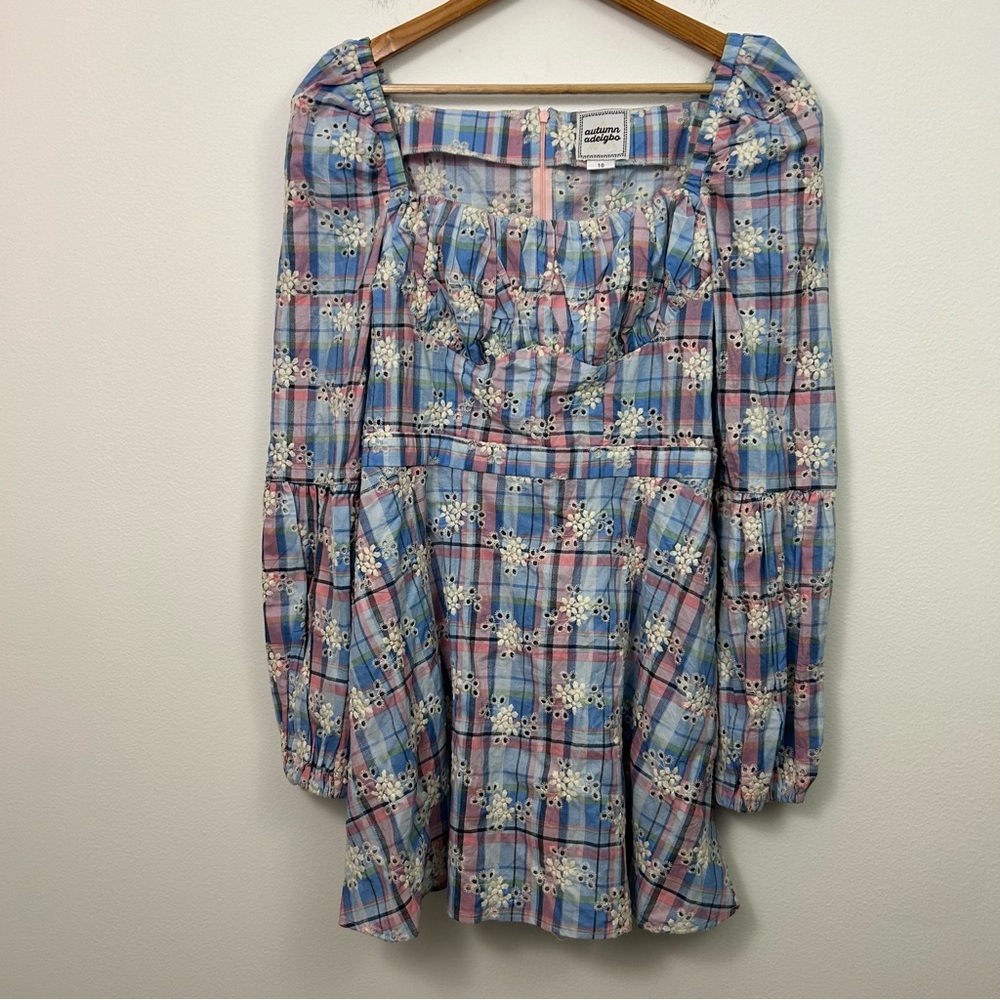 NWT Autumn Adeigbo Dress Size 10‎ Catira Check Eyelet Puff-Sleeve Mini Dress